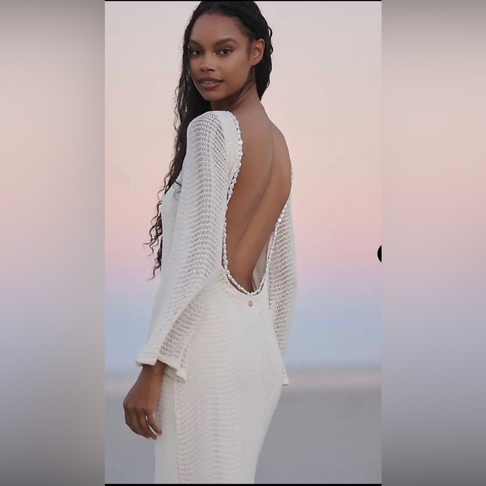 NWOT Palmacea Rue Long-Sleeve Open-Back Maxi Dress with pearls draped in back.